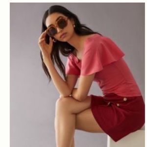 Anthropologie Maeve Off Shoulder Blouse Top Flutter Sleeve Coral Pink SMALL